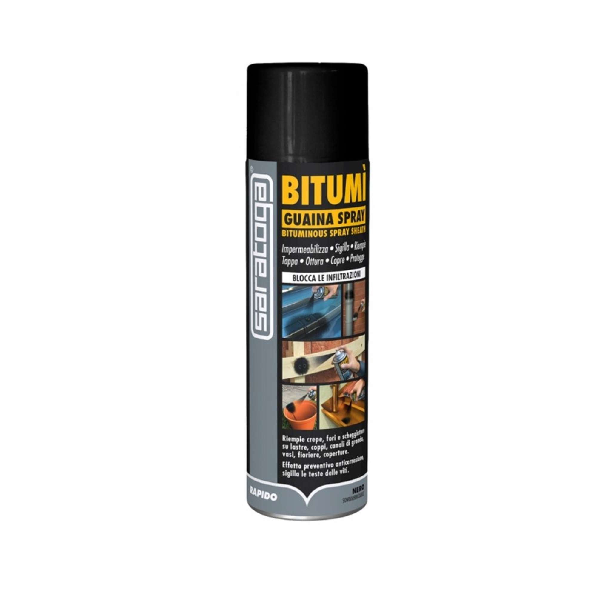 BITUMI' GUAINA SPRAY NERA 500ml impermeabilizza. sigilla. copre e protegge