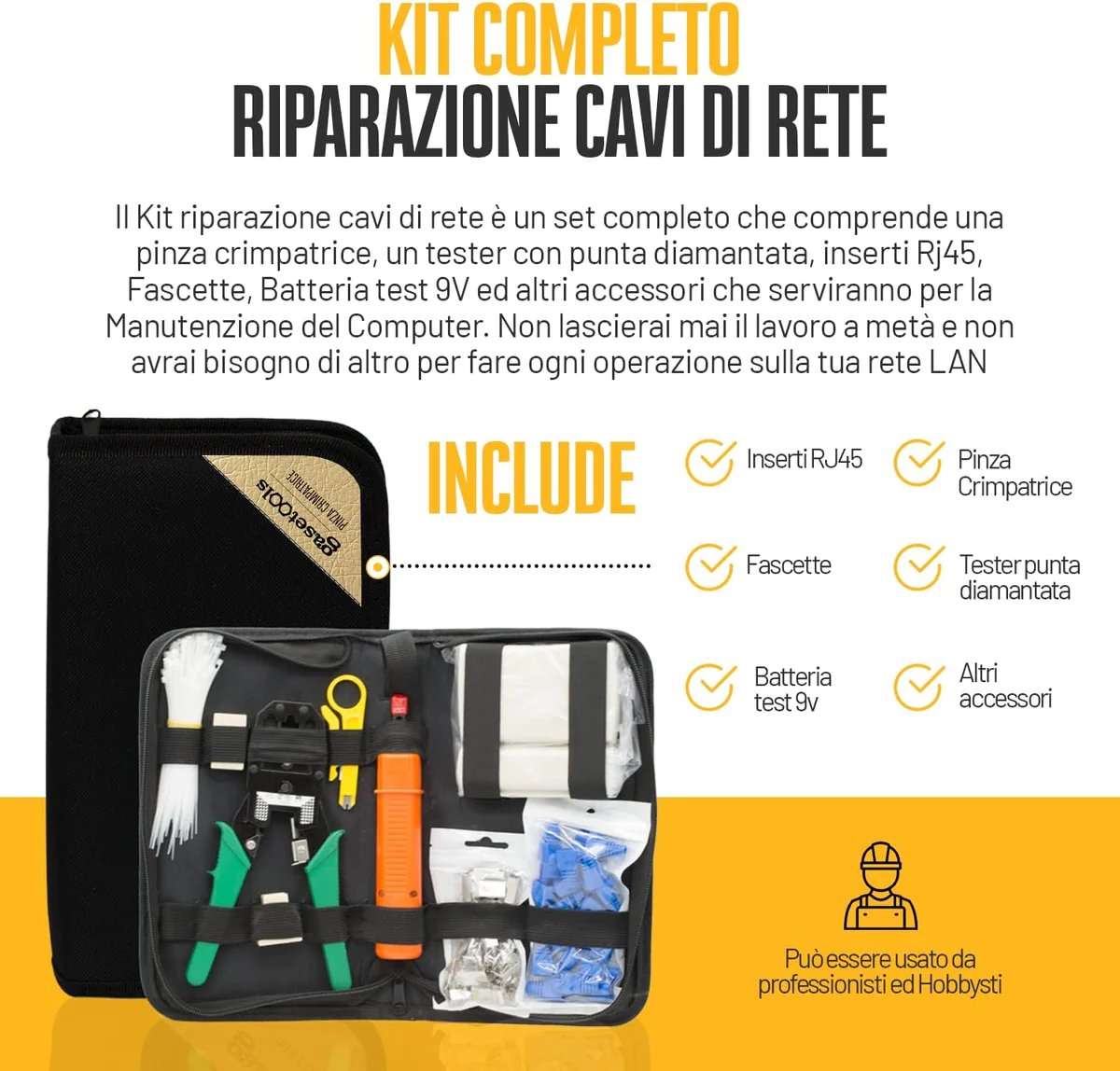 Kit riparazione cavi di rete, Pinza Crimpatrice Rj45 Ethernet tester completo